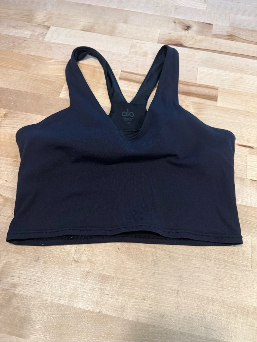 ALO Yoga Airbrush Black V-Neck Active Bra Wide Straps Tank Women Size M